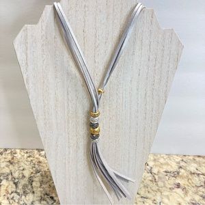 Chicos silver and gold long leather necklace beaded fringe womens necklace
